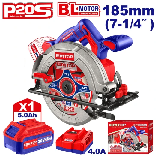 EMTOP 20V Cordless Brushless Circular Saw 185mm with 5.0Ah Battery – Powerful Durable Cutting Tool for Wood and Panels, Ideal for Carpentry, Assembly, Workshop, Maintenance & Professional Applications EMTOP 20V Cordless Brushless Circular Saw 185mm with 5.0Ah Battery – Powerful Durable Cutting Tool for Wood and Panels, Ideal for Carpentry, Assembly, Workshop, Maintenance & Professional Applications
