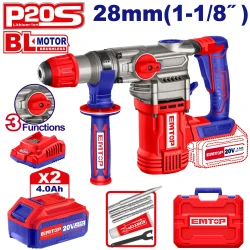 EMTOP ELRH202882-4 20V Cordless Rotary Hammer with Brushless Motor, SDS Plus Chuck, 4.5J Impact Energy, 28mm Concrete Capacity, 2x 4.0Ah Batteries, and 3 Drill Bits