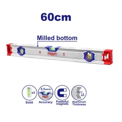 EMTOP ESLL36001 Spirit Level with Powerful Magnets 60cm Double Side Milled 0.5mm/m Accurate Vials 1.5mm Thickness 3 Pcs
