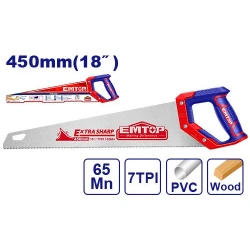 EMTOP 18-Inch (450mm) Hand Saw with Extra Sharp 7 TPI Teeth & Soft Ergonomic Handle for Woodworking & DIY Projects (EHAS4502)