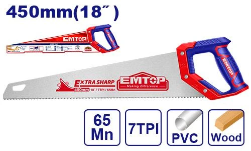 EMTOP 18-Inch (450mm) Hand Saw with Extra Sharp 7 TPI Teeth & Soft Ergonomic Handle for Woodworking & DIY Projects (EHAS4502) EMTOP 18-Inch (450mm) Hand Saw with Extra Sharp 7 TPI Teeth & Soft Ergonomic Handle for Woodworking & DIY Projects (EHAS4502)