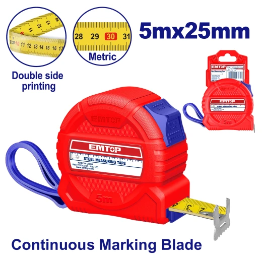 EMTOP 5m × 25mm Measuring Tape – Durable and Accurate Tape Measure for Measuring Lengths and Distances, Ideal for Construction, Carpentry, Installation, Maintenance, Workshop, DIY and General Projects