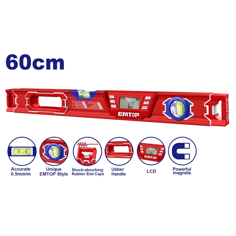 EMTOP ESLL46001 60cm Digital Spirit Level – Accurate Electronic Level for Measuring Horizontal, Vertical & Angle Alignment, Ideal for Construction, Carpentry, Tile Installation, Finishing, Maintenance & Workshop Use - Emtop
