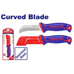 EMTOP EEKE12001 200mm Curved Blade Stainless Steel Cable Stripping Knife with Plastic Protective Cover and Unique Design Handle