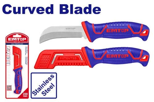 EMTOP EEKE12001 200mm Curved Blade Stainless Steel Cable Stripping Knife with Plastic Protective Cover and Unique Design Handle - Emtop
