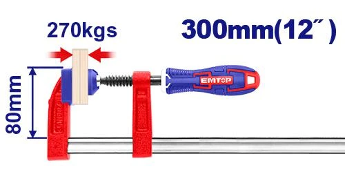 EMTOP ECLPF08101 80x300mm F Clamp with Ergonomic Plastic Handle & 270KG Max Clamping Force, Heavy-Duty for Woodworking & DIY Projects EMTOP ECLPF08101 80x300mm F Clamp with Ergonomic Plastic Handle & 270KG Max Clamping Force, Heavy-Duty for Woodworking & DIY Projects