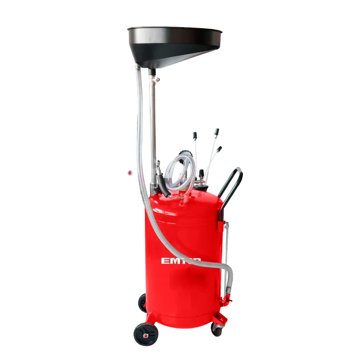 EMTOP EMKD2A07 70L Pneumatic Waste Oil Drainer with Heavy-Duty Steel Tank, Adjustable Collection Pan & Wheels for Auto Repair Shops - Emtop