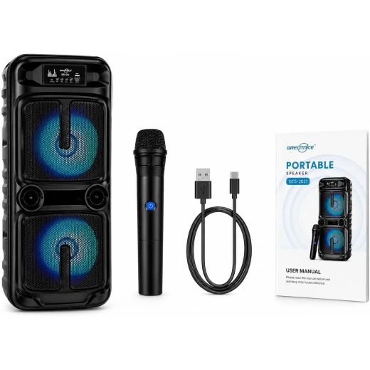 Generic Bluetooth Speaker with Wireless Microphone, Dual 8 Inch Loud Bass Sound System, Portable Rechargeable Outdoor Speaker with USB/TF/FM Support and LED Lights - Generic - Image 3