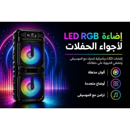 Generic Bluetooth Speaker with Wireless Microphone, Dual 8 Inch Loud Bass Sound System, Portable Rechargeable Outdoor Speaker with USB/TF/FM Support and LED Lights - Generic - Image 4