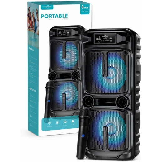 Generic Bluetooth Speaker with Wireless Microphone, Dual 8 Inch Loud Bass Sound System, Portable Rechargeable Outdoor Speaker with USB/TF/FM Support and LED Lights Generic Bluetooth Speaker with Wireless Microphone, Dual 8 Inch Loud Bass Sound System, Portable Rechargeable Outdoor Speaker with USB/TF/FM Support and LED Lights
