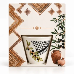 Palestinian Heritage Ceramic Coffee Cup Gift Set with Keffiyeh, Olive Branch, & Embroidery Patterns; Stylish Mug in a Decorative Presentation Box