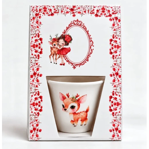 Cute Deer Ceramic Cup Gift Set for Kids, Featuring Charming Cute Fawn Illustration with Elegant Red Floral Gift Packaging, Perfect Present for Girls Cute Deer Ceramic Cup Gift Set for Kids, Featuring Charming Cute Fawn Illustration with Elegant Red Floral Gift Packaging, Perfect Present for Girls