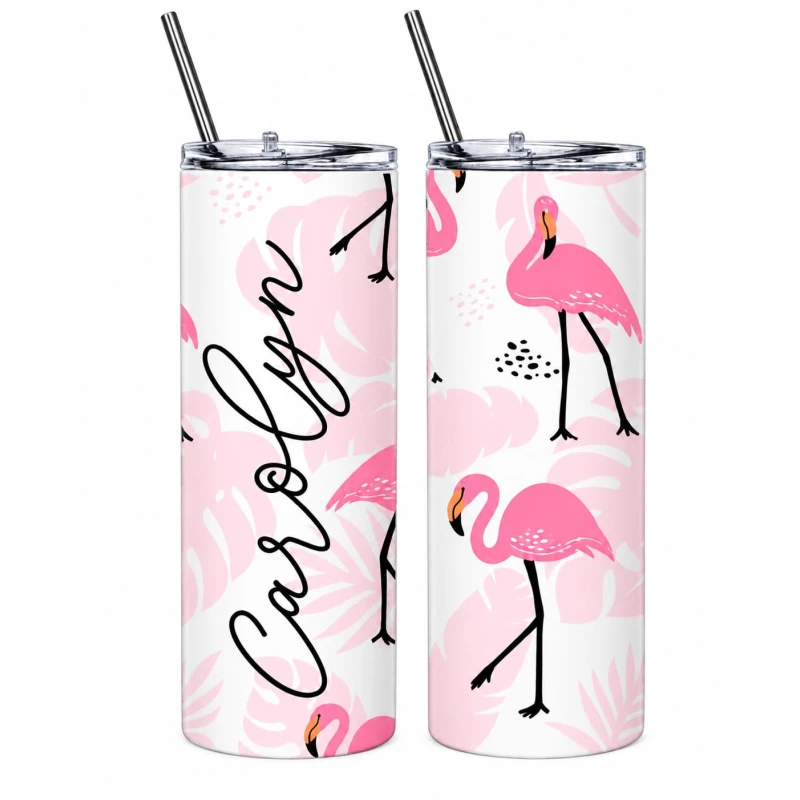 Custom Pink Flamingo Sublimation Tumbler 20oz, Personalized Stainless Steel Travel Mug with Name & Straw, Insulated Cup for Hot & Cold Drinks - Asma Shop