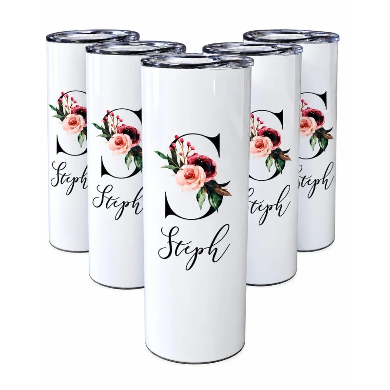 Custom Floral Monogram Sublimation Tumbler 20oz, Personalized Thermal Mug with Initial & Name, Insulated Travel Cup Ideal for Bridesmaids & Gifts - Asma Shop