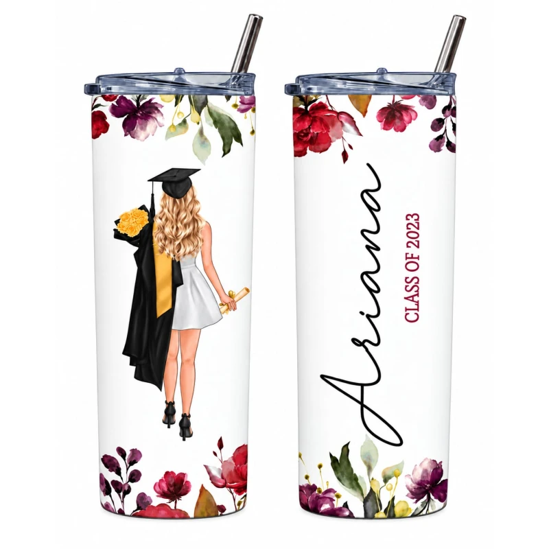 Custom Graduation Sublimation Tumbler 20oz, Personalized Thermal Mug with Name, Graduation Class Year & Flowers, Ideal Gift for Female Graduates - Asma Shop