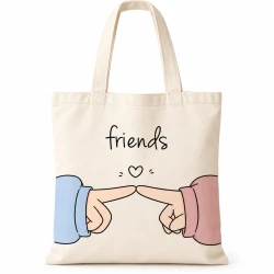 Custom Printed Canvas Tote Bag 38x38cm, Off-White "Friends" & Heart Design Shoulder Bag, Durable & Reusable Shopping & University Tote Bag