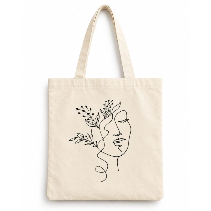 Custom Printed Minimalist Line Art Canvas Tote Bag 38x38cm, Off-White Botanical Woman Face Shoulder Bag, Durable Reusable Shopping & Campus Tote - Asma Shop