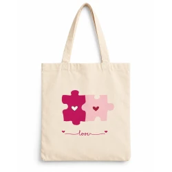 Custom Printed Puzzle & Hearts Canvas Tote Bag 38x38cm, Off-White Love Design Shoulder Bag, Durable & Reusable Shopping & University Tote Bag