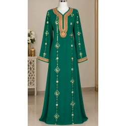 Women's Luxury CY Fabric Kaftan with Braided Gold Trim (Length 150cm) | Elegant Embroidered Moroccan Style Dress for Parties & Special Events