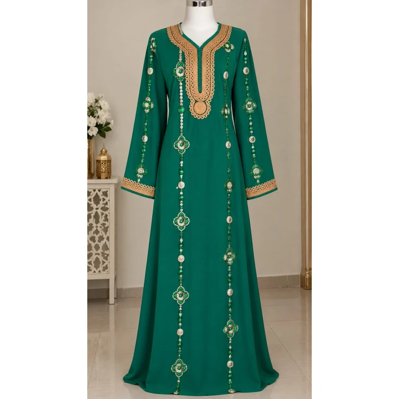 Women's Luxury CY Fabric Kaftan with Braided Gold Trim (Length 150cm) | Elegant Embroidered Moroccan Style Dress for Parties & Special Events - Zahret Threads