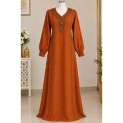 Women's Luxury CY Fabric Kaftan with Braided Trim (Length 150cm) | Terracotta Moroccan Style Dress with Elastic Cuffs for Parties & Ramadan