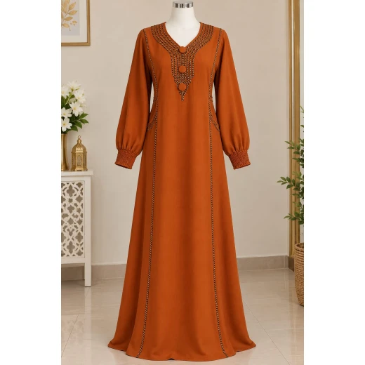 Women's Luxury CY Fabric Kaftan with Braided Trim (Length 150cm) | Terracotta Moroccan Style Dress with Elastic Cuffs for Parties & Ramadan