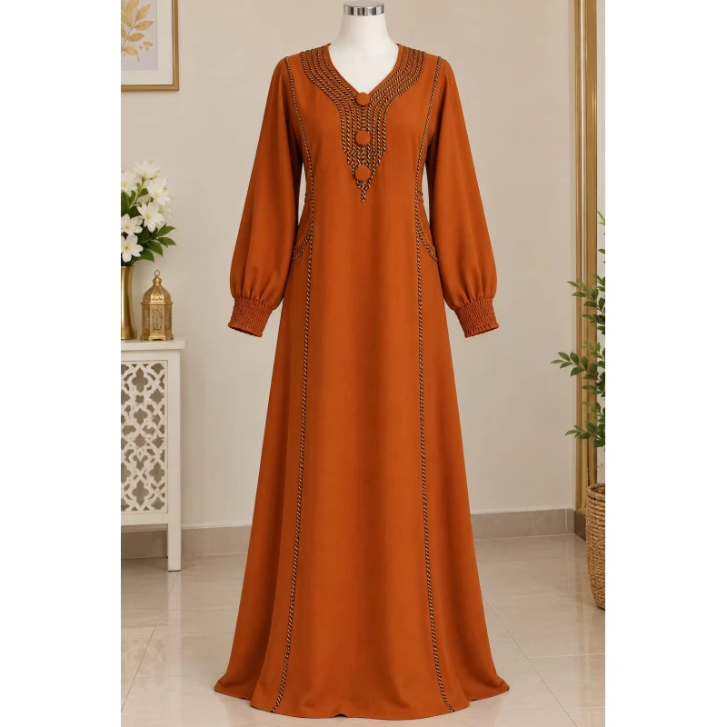 Women's Luxury CY Fabric Kaftan with Braided Trim (Length 150cm) | Terracotta Moroccan Style Dress with Elastic Cuffs for Parties & Ramadan - Zahret Threads