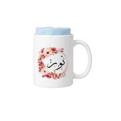Personalized Ceramic Mug Printed with Name Nour in Floral Frame | Elegant White Coffee Cup with Pink Rose Wreath Ideal Gift for Special Days