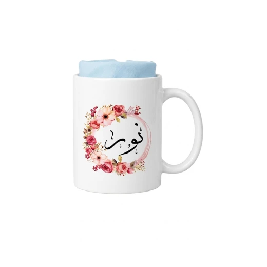 Personalized Ceramic Mug Printed with Name Nour in Floral Frame | Elegant White Coffee Cup with Pink Rose Wreath Ideal Gift for Special Days