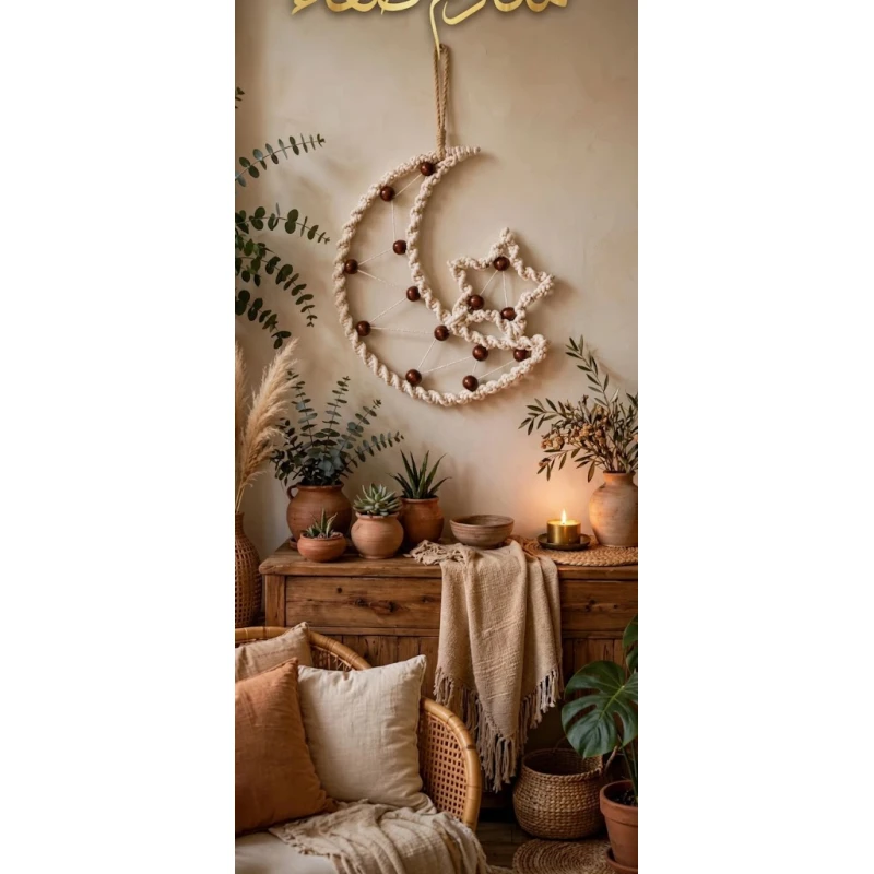 Handmade Cotton Macrame Crescent & Star Ramadan Hanging Decor (28x10 cm, Off-White) | Elegant Wall & Door Festive Boho Decoration - Safa Handmade