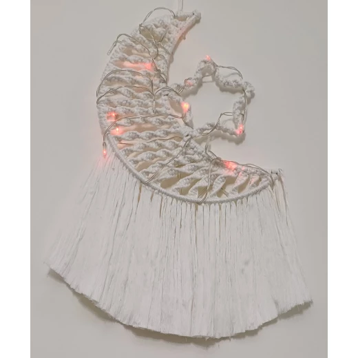 Handmade White Cotton Macrame Crescent & Star Ramadan Wall Hanging (33x11 cm) | Elegant Boho Festive Home Decor for Doors & Walls Handmade White Cotton Macrame Crescent & Star Ramadan Wall Hanging (33x11 cm) | Elegant Boho Festive Home Decor for Doors & Walls