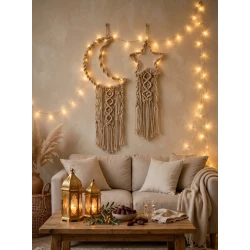 Handmade Dark Beige Cotton Macrame Crescent & Star Ramadan Wall Decor (25x10 cm) | Elegant Boho Hanging Set with Fringe for Festive Home