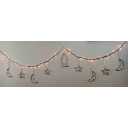 4.5m Handmade Cotton Macrame Ramadan Garland (4 Moons, 4 Stars & Center Lantern) | Off-White Boho Festive Wall & Door Hanging Decor