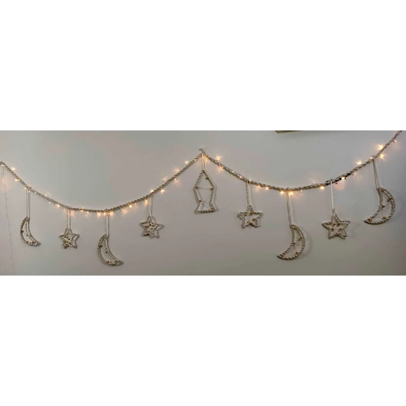 4.5m Handmade Cotton Macrame Ramadan Garland (4 Moons, 4 Stars & Center Lantern) | Off-White Boho Festive Wall & Door Hanging Decor - Safa Handmade