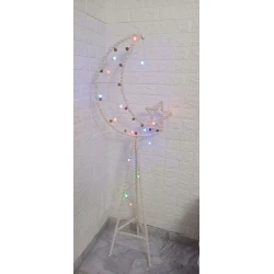 1.5m Illuminated Vertical Crescent Moon Macrame Ramadan Wall Hanging (Off-White) | Handmade Cotton Boho Hanging Decor with Warm Lights