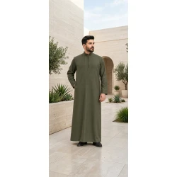 Men’s Traditional Olive Green Dishdasha, 56-Inch Length, Classic Elegant Design for Everyday Wear, Family Gatherings and Special Occasions 70–174 cm