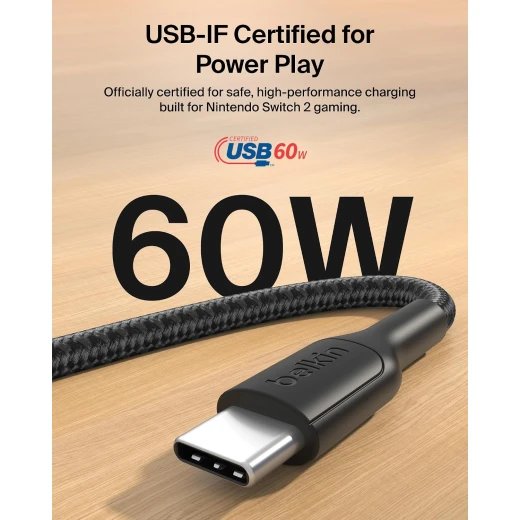 Belkin 60W USB-C to USB-C Cable, 2m, Black, for Fast Charging and Data Transfer with Compatible Devices, Model ENA008hq2MBK - Belkin - Image 3