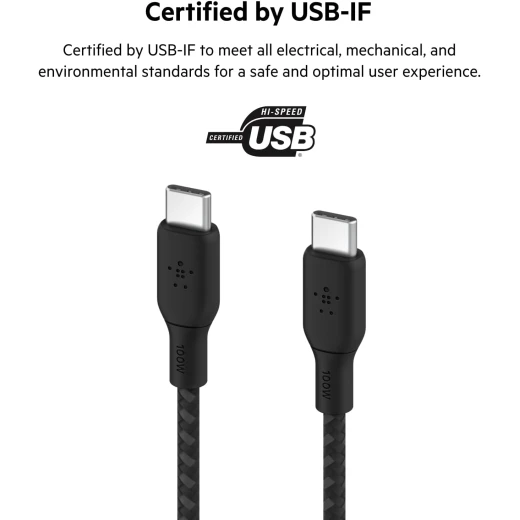 Belkin Braided USB-C to USB-C Cable, 100W, 3m, Black, Fast Charging and Data Transfer for Compatible Devices, Model CAB014bt3M - Belkin - Image 2