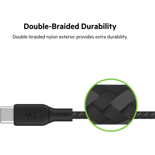 Belkin Braided USB-C to USB-C Cable, 100W, 3m, Black, Fast Charging and Data Transfer for Compatible Devices, Model CAB014bt3M - Belkin - Image 3
