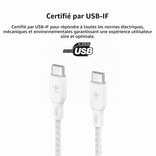 Belkin USB-C to USB-C Cable, 100W Power Delivery, 3m, White, Double-Braided Nylon, USB-IF Certified, Fast Charging and Data Transfer for iPhone 16, 15, iPad, MacBook, Galaxy and Pixel - Belkin - Image 2