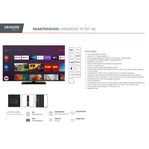 تلفزيون أيوا ذكي 50 بوصة بدقة 4K ألترا إتش دي، يعمل بنظام أندرويد، موديل 50AN7503UHD، لتجربة مشاهدة واضحة وتفاصيل دقيقة لمتابعة الأفلام والمسلسلات والمحتوى الترفيهي على شاشة كبيرة - ايوا - Image 6