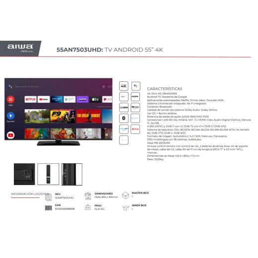 تلفزيون ذكي ايوا 55 بوصة بدقة 4K ألترا إتش دي، موديل 55AN7503UHD، شاشة تلفزيون عالية الدقة لمشاهدة الأفلام والمسلسلات والبرامج، مع وضوح التفاصيل وتجربة ترفيه منزلي مميزة - ايوا - Image 3