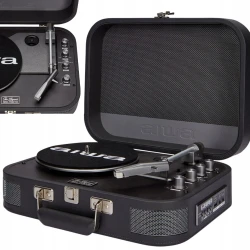مشغل أسطوانات فينيل محمول بطابع كلاسيكي ايوا VPX-1951/TN، بتصميم حقيبة من الجلد الصناعي باللون التيتانيوم، يدعم البلوتوث ثنائي الاتجاه لإرسال واستقبال الصوت، مع مشغل ملفات إم بي 3 ومنفذ يو إس بي لتسجيل الصوت رقميًا، مثالي للاستماع إلى الأسطوانات والموسيقى