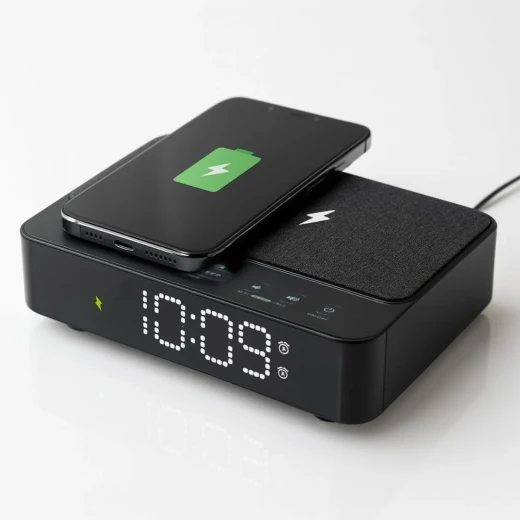 ساعة راديو رقمية ايوا CR-30BK بشحن لاسلكي 5 واط، إضاءة ليلية، إنذار مزدوج، شاشة LED ومنفذ USB - أسود - ايوا - Image 3