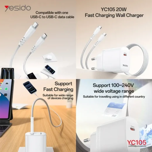 يسيدو YC105 شاحن USB-C بقوة 20 واط مع قابس أوروبي أبيض - يسيدو - Image 3