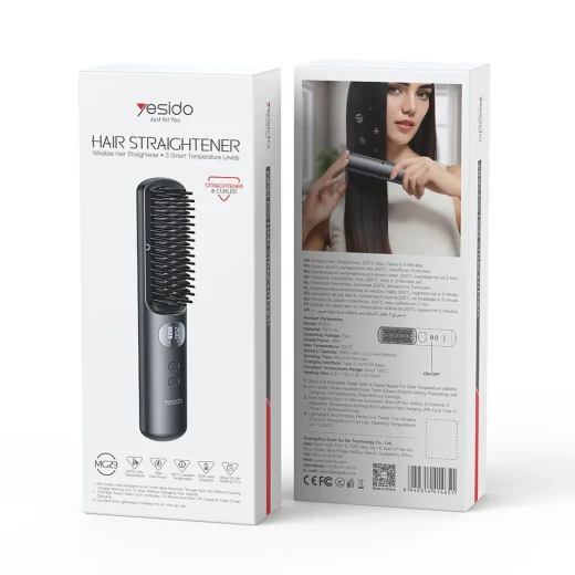 YESIDO MG23 Wireless Hair Straightener Brush 2-in-1, Black, 3 Temperature Settings, Cordless Hair Styling Brush with Portable Design for Convenient Hair Straightening and Styling at Home or While Traveling - Yesido - Image 4