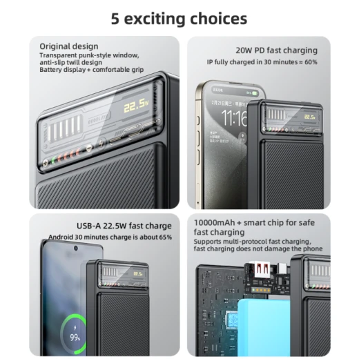 يسيدو YP53 باور بانك 10000mAh PD 20W + USB 22.5W بشاشة عرض شفافة للشحن السريع أسود - يسيدو - Image 4