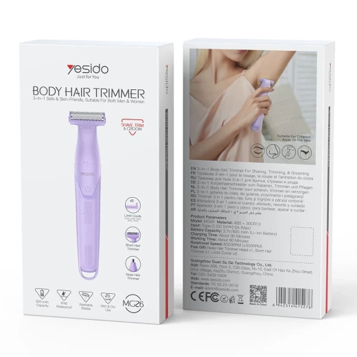 YESIDO MG26 3-in-1 Multi-Functional Body Hair Trimmer, Purple, IPX6 Waterproof, Suitable for Wet and Dry Use, Up to 90 Minutes of Runtime for Shaving, Trimming and Personal Grooming - Yesido - Image 3