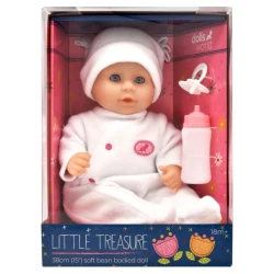 Dolls World Little Treasure Baby Doll 38cm White Outfit Sleeping Eyes Deluxe Romper Hat Bottle Dummy Bean Filled Bum Realistic Play Toy