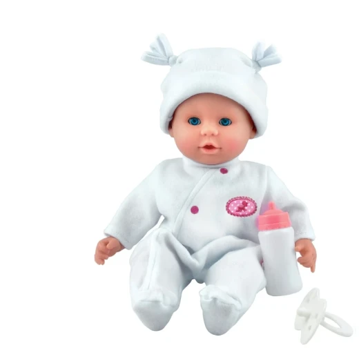 Dolls World Little Treasure دمية طفلة بعيون نائمة 38 سم، زي أبيض، رومبر فاخر، قبعة، رضاعة، حشوة فول في المؤخرة، لعبة واقعية - دلز ورلد - Image 2